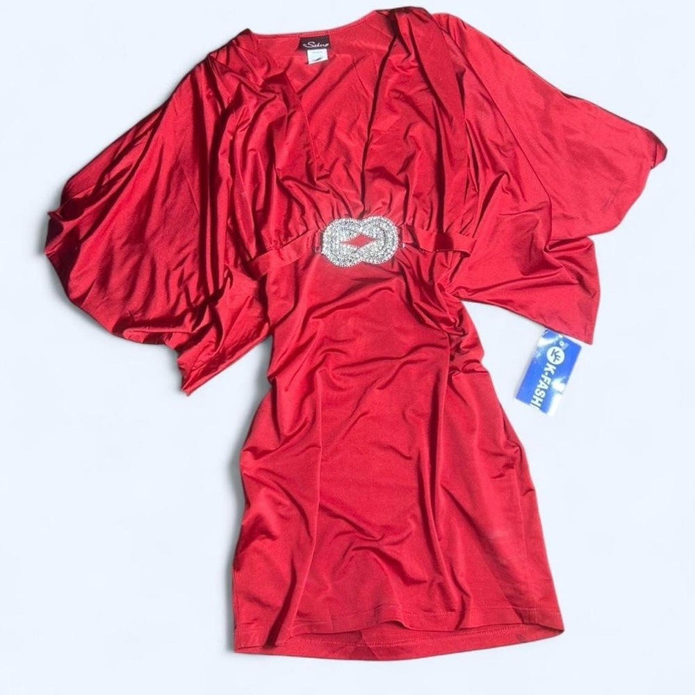 Red Dolman Sleeve Cocktail Dress with Rhinestone Waist Buckle